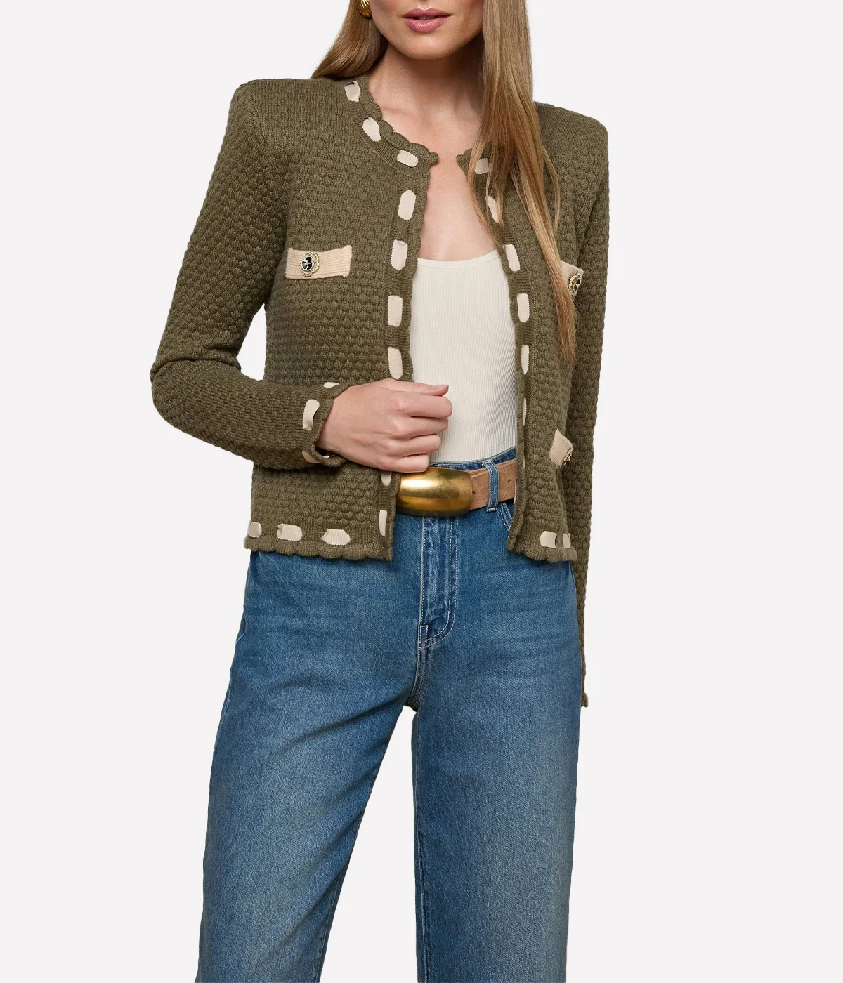 Astor Contrast Trim Cardi in Army/Biscuit - Image 4