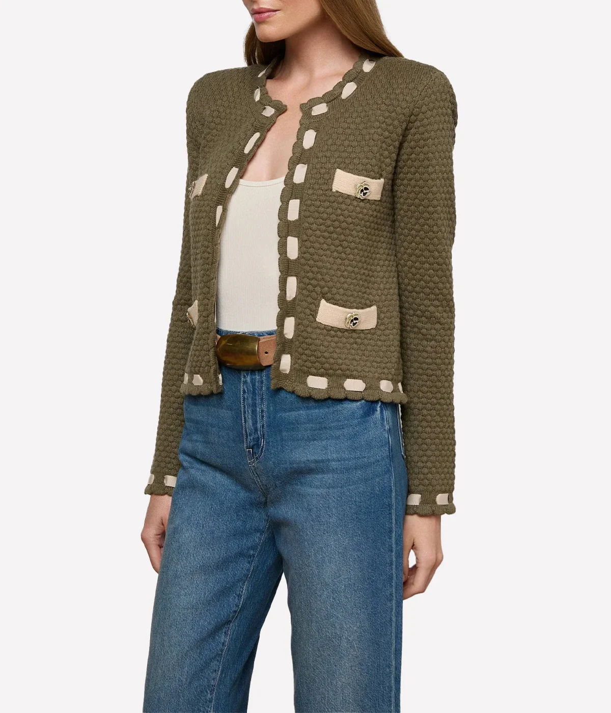 Astor Contrast Trim Cardi in Army/Biscuit - Image 5