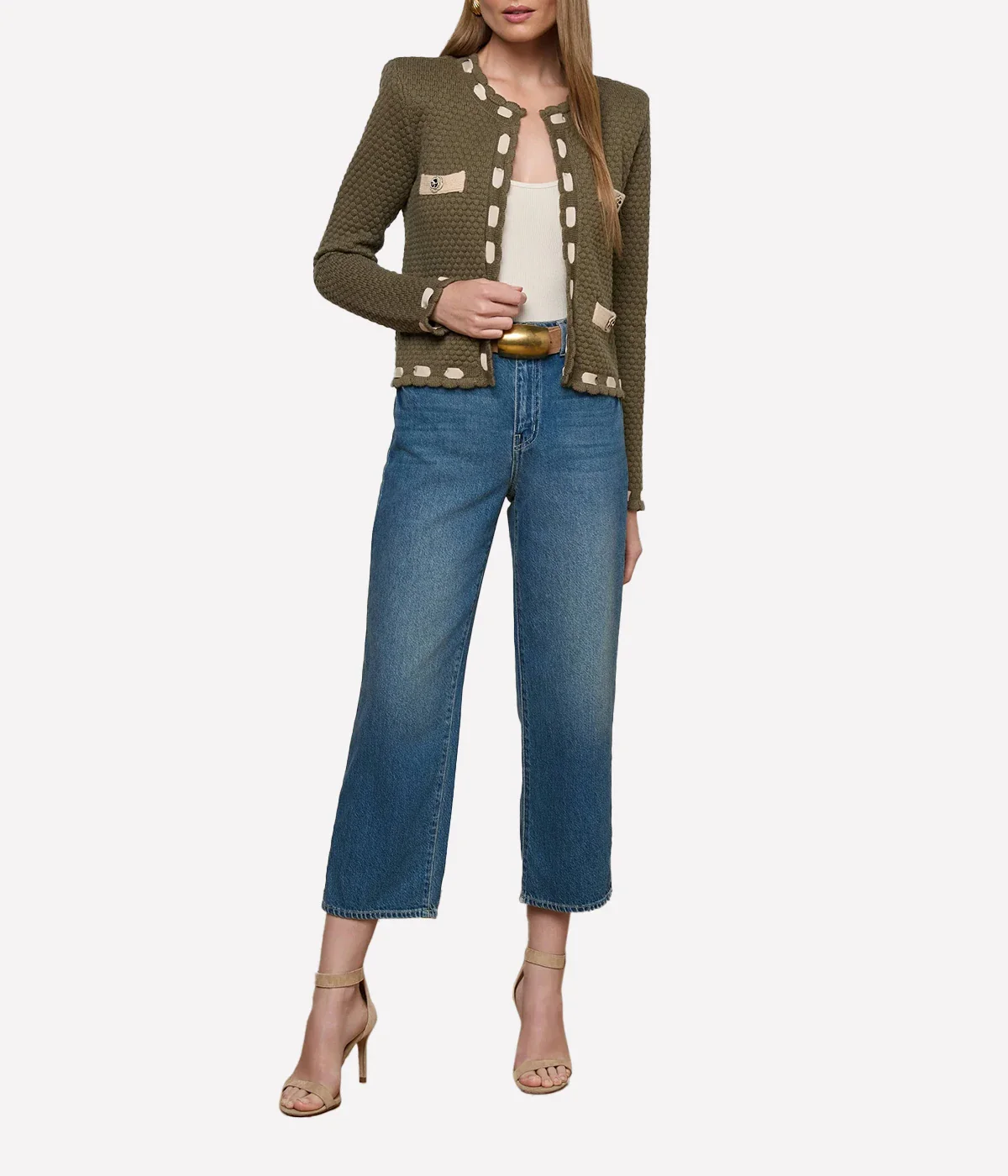 Astor Contrast Trim Cardi in Army/Biscuit - Image 6