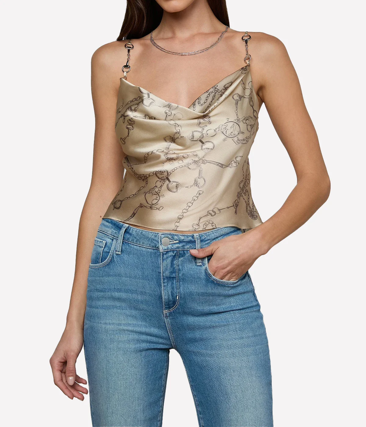 Calista Cowl Neck Cami In Soft Macadamia Chain Print - Image 2