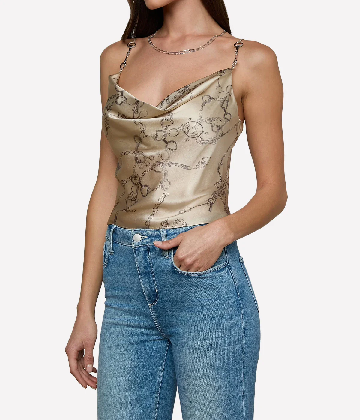 Calista Cowl Neck Cami In Soft Macadamia Chain Print - Image 3