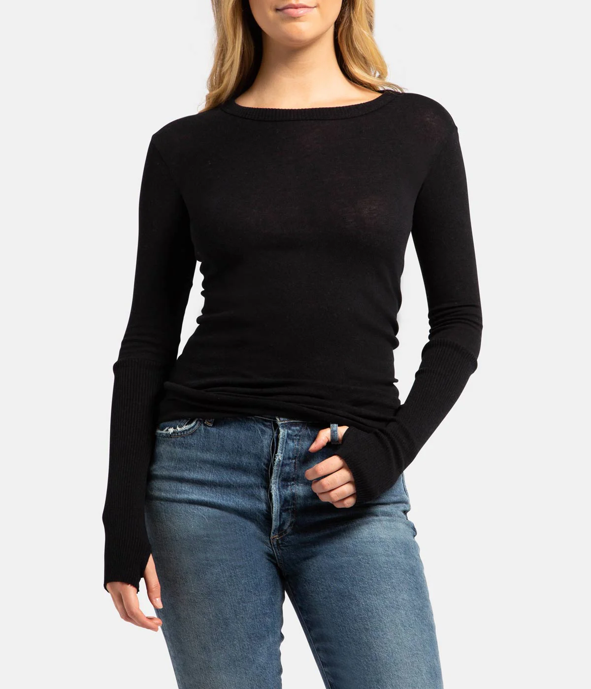 Cashmere Crew Neck Fitted Long Sleeve Top in Black - Image 3