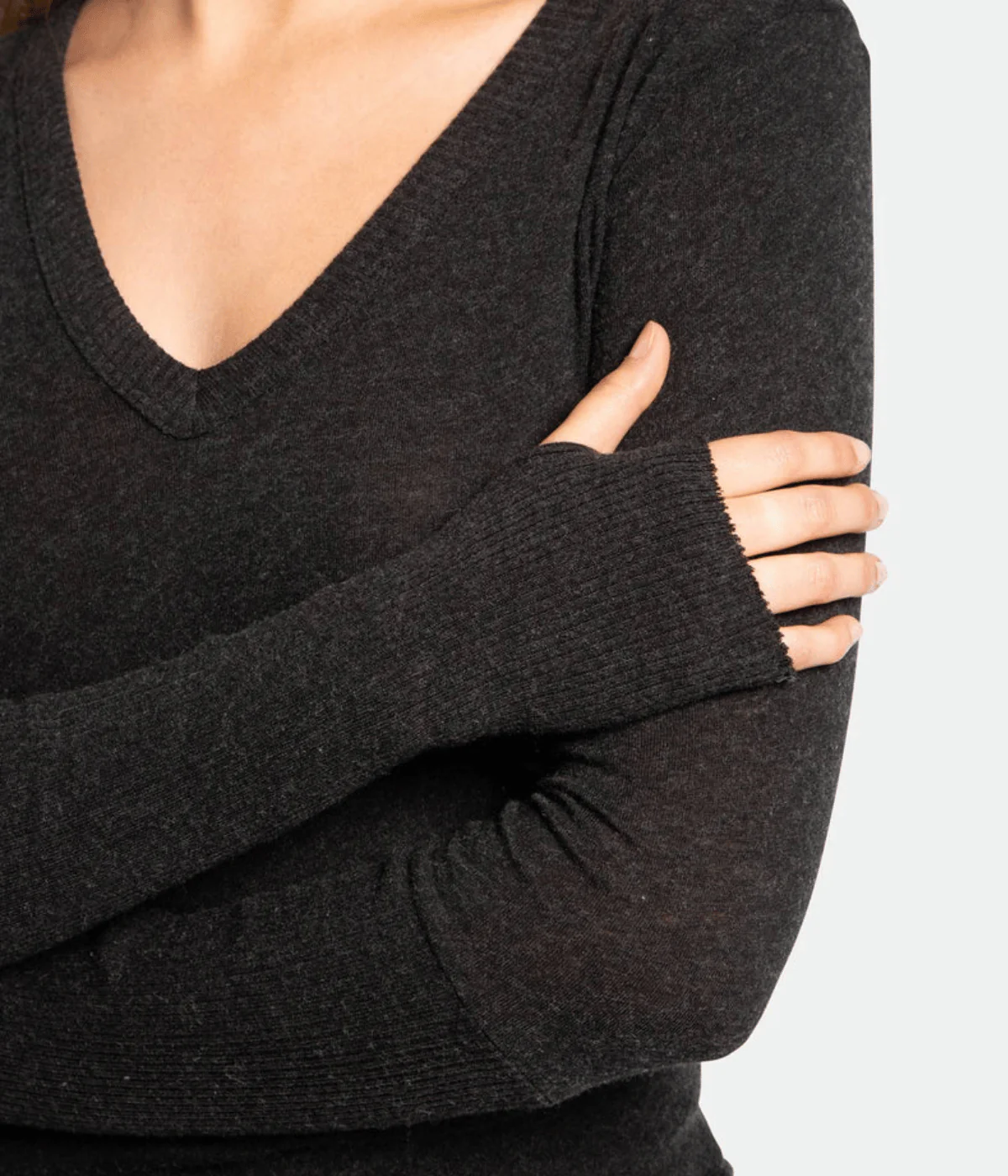 Cashmere V Neck Fitted Long Sleeve Top in Charcoal - Image 6