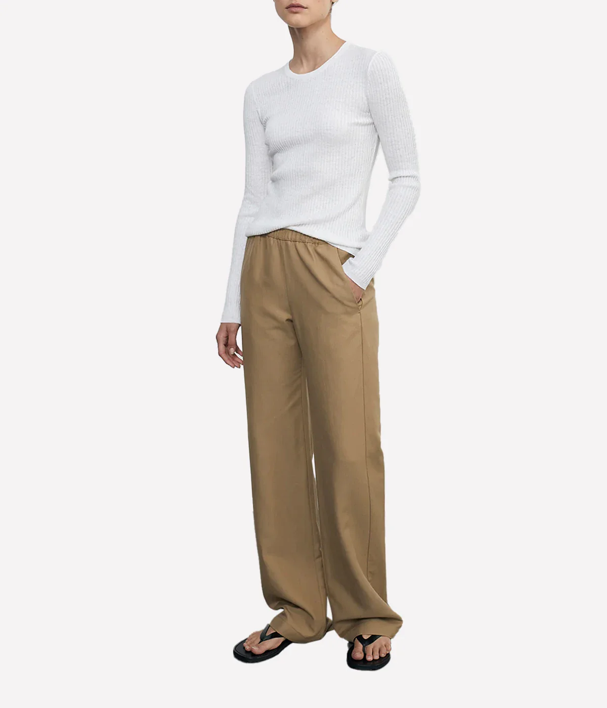 Linen Cotton Rib L/S Sweater Tee in White - Image 3
