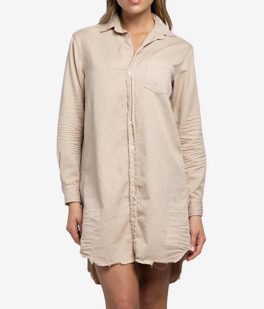 Mary Woven Button Up Dress in Sand Tattered Denim - Image 2