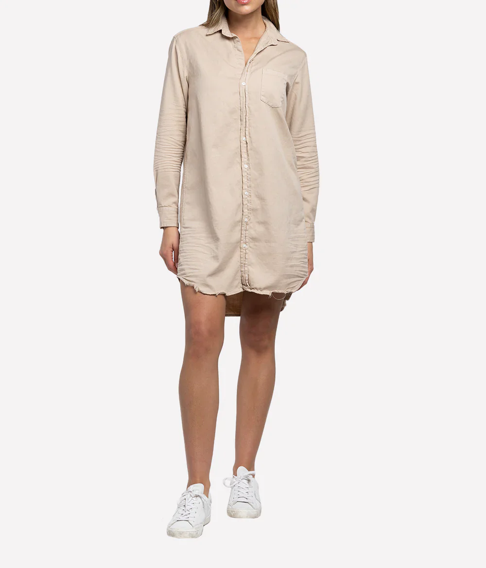 Mary Woven Button Up Dress in Sand Tattered Denim - Image 3