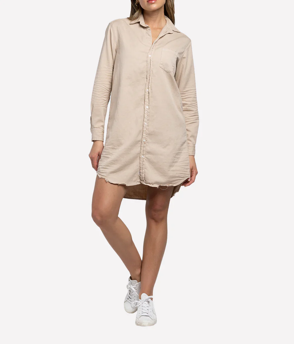 Mary Woven Button Up Dress in Sand Tattered Denim - Image 4