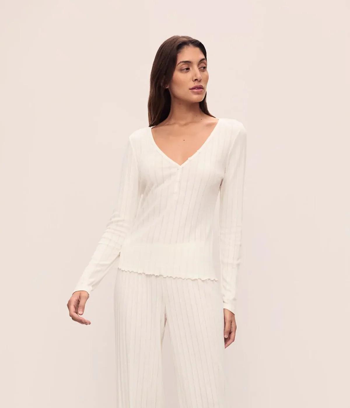 Pointelle V Neck Henley In Ivory - Image 3