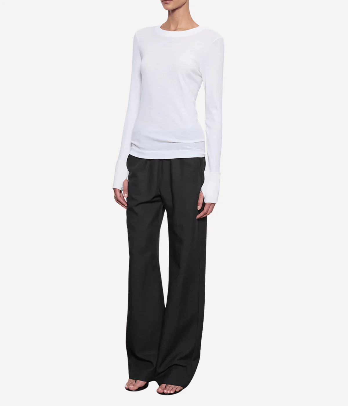 Cashmere Crew Neck Fitted Long Sleeve Top in White - Image 3