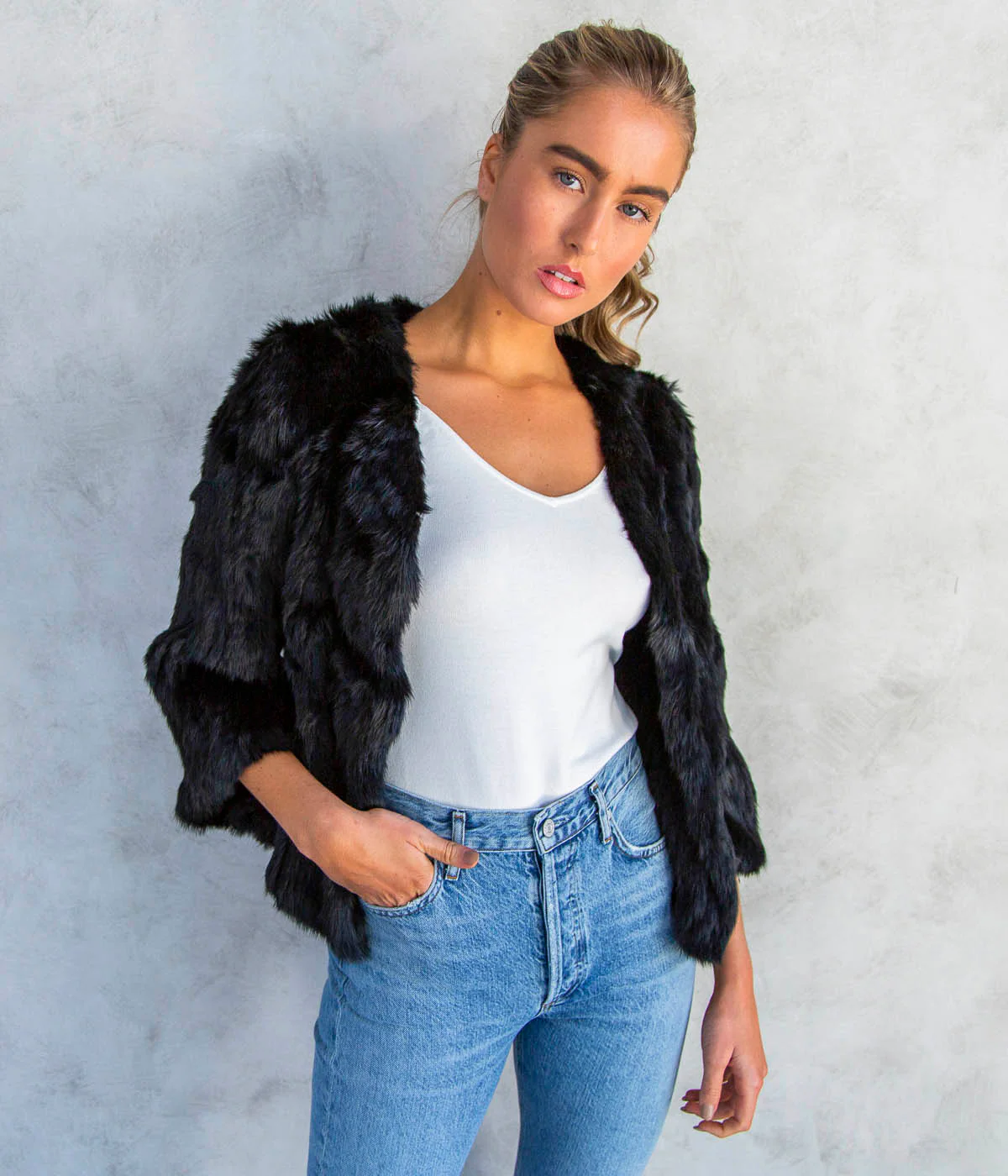 Knitted Fur Jacket in Black - Image 6
